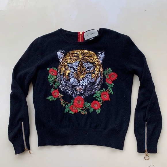 Gucci Sweaters - Gucci Cashmere Tiger Sequin Floral Sweater Large